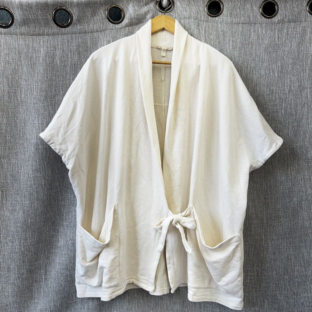 EILEEN FISHER Kimono L XL French Terry Cardigan Wrap Tie Side Off White cotton